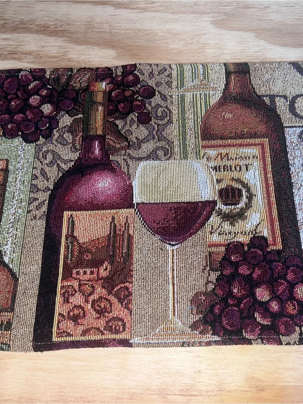Wine Bottle & Glass Tapestry Runner in Burgundy and Tan